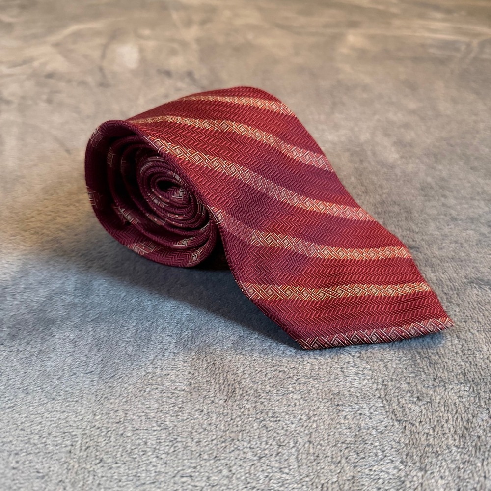 Joseph Abboud Burgundy Gold Striped Silk Necktie Luxury Fashion Accessory Mens